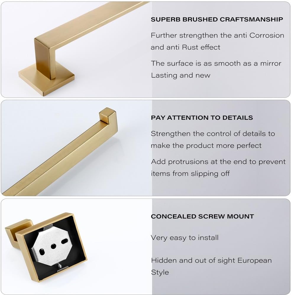 Brushed Gold Bathroom Accessories Set 3-Piece Bathroom Hardware Set Wall Mounted Toilet Paper Holder Hand Towel Ring Robe Hook,BG 3 pcs Set