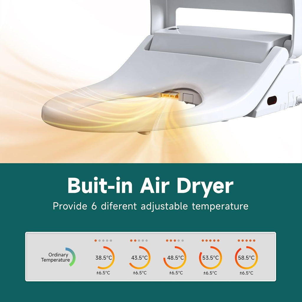 Bidet Seat with Warm Water and Dryer - Electrically Heated Elongated Toilet Seat with Adjustable Temperature, Gentle Closing, and Night Light