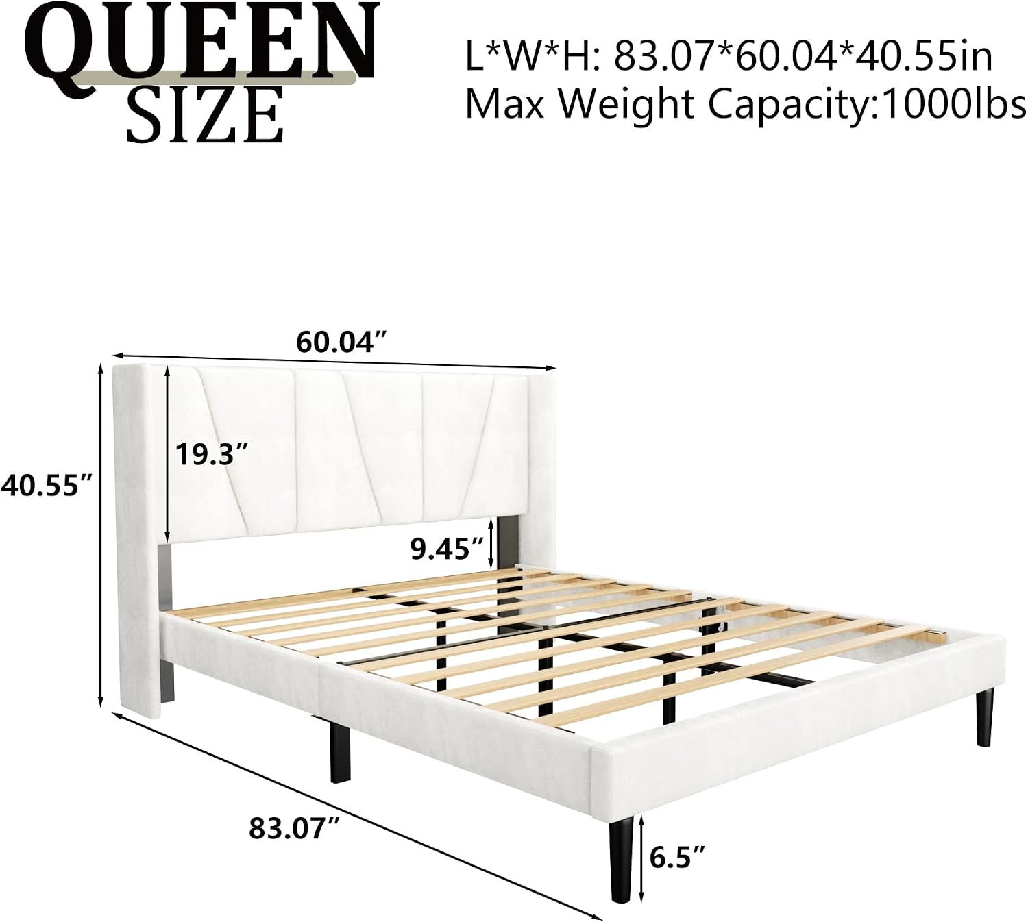 HAOARA Queen Bed Frame with Headboard, Velvet Upholstered Platform Bed Frames with Wingboard, Contemporary Mattress Foundation, Noise Free, No Box Spring Needed, Easy Assembly, White