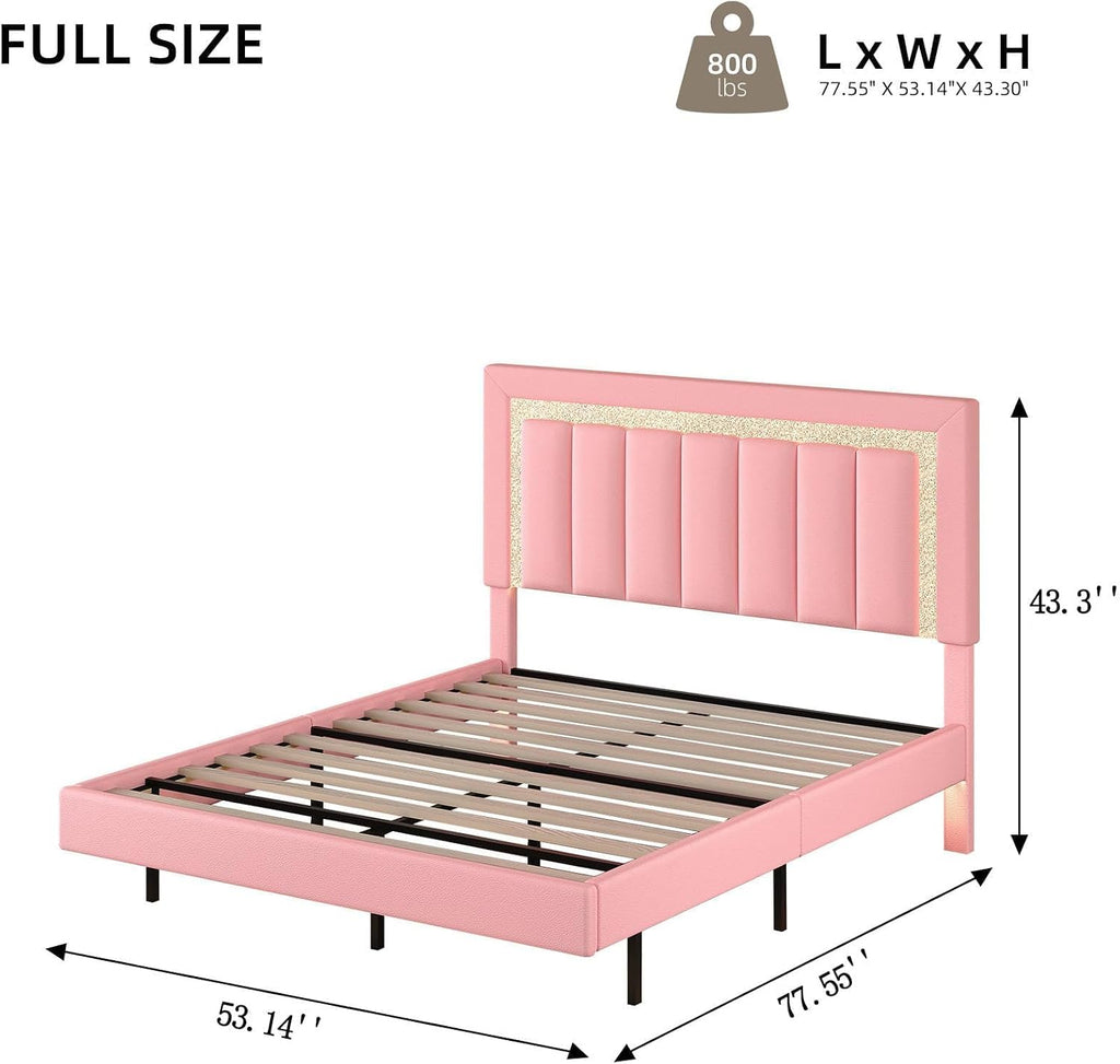 HOMBCK Floating Bed Frame Full with Smart LED Lights, Faux Leather Upholstered Platform Bed with Diamond PU Headboard, No Box Spring Needed, Noise-Free, Easy Assembly, Pink