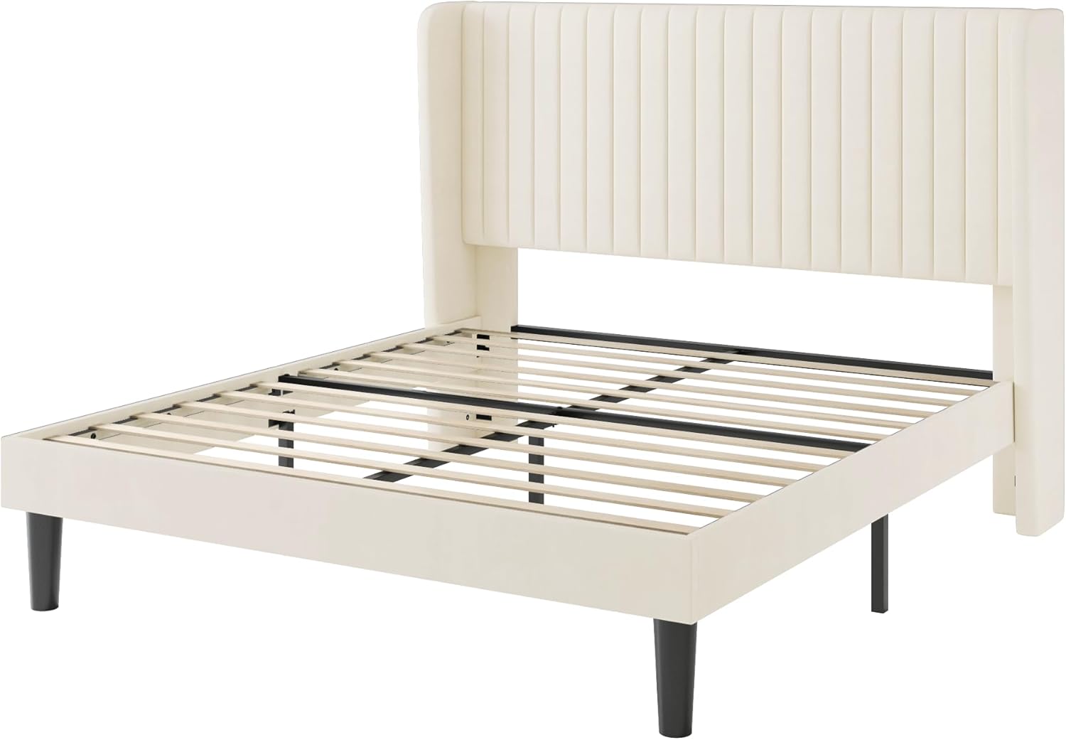 SHA CERLIN Full Size Velvet Bed Frame with Vertical Channel Tufted Wingback Headboard, Upholstered Platform Bed with Wood Slats, No Box Spring Needed, Easy Assembly, Cream White