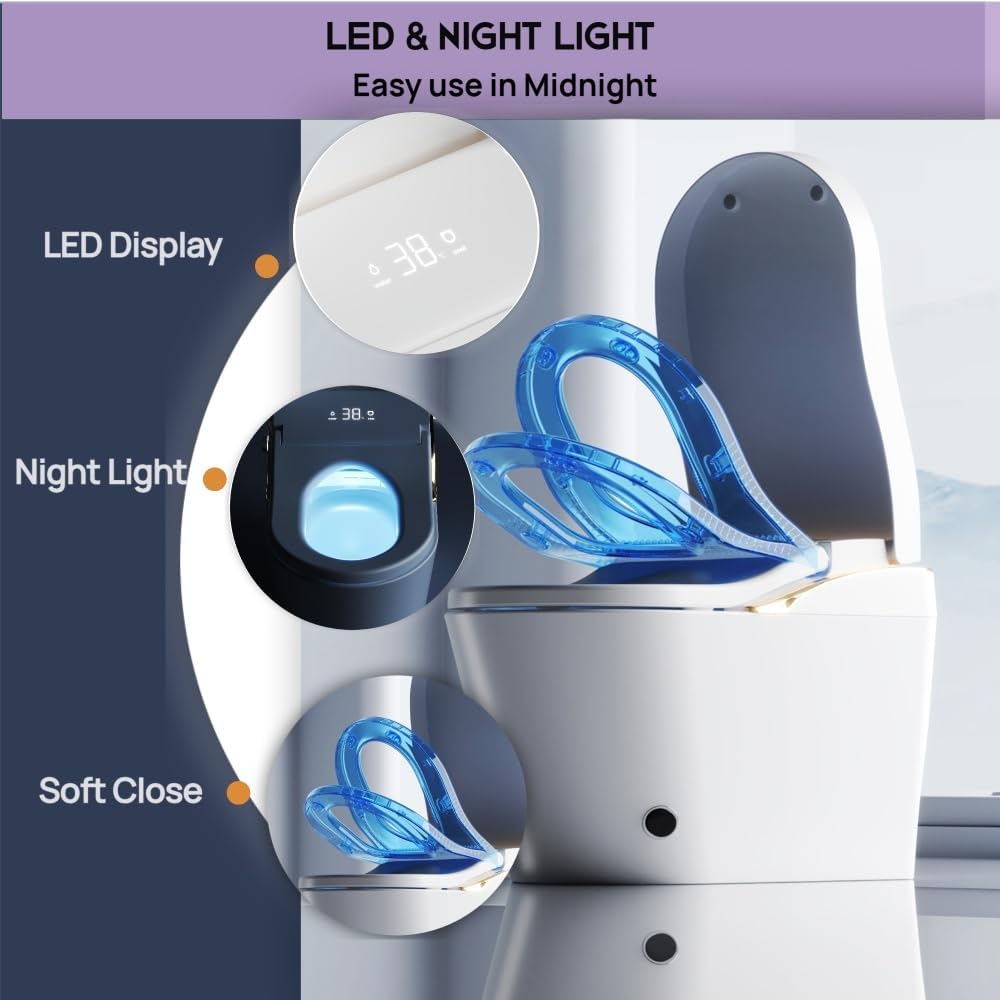 Smart Toilet with Bidet, Auto Flush, Auto Open/Close, Heated Seat, Warm Water Dryer, and Foam Shield Function in White - Modern Bathroom Technology
