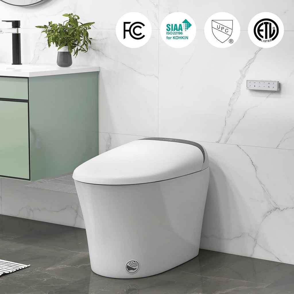 Giantex Smart Toilet, Bidet Toilet Seat Elongated with 1.28 GPF Dual Auto Flush, Adjustable Heated Seat, Dryer, Auto Open/Close Lid, Kick Sensor, Night Light, Remote/Side Knob Control, Tankless Toilet