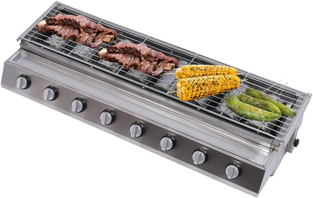 Commercial 8 Burner Gas Countertop Griddle with Smokeless Yakitori Grill, Adjustable Height LPG Propane Indoor Griddle, Removable Grill Net