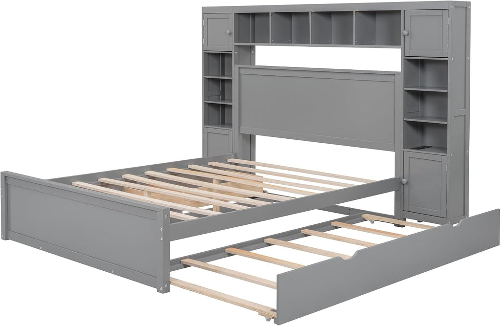 Harper & Bright Designs Queen Size Platform Bed with Trundle and Drawers, Queen Platform Bed Frame with Storage Headboard, Solid Wood Bed Frame with Bookcase and Cabinet, No Box Spring Needed (Gray)