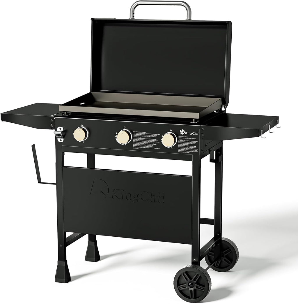 KingChii 28' 3-Burner Griddle with Integrated Protective Hood and Counter Height Side Shelves, Powder Coated Steel, Black