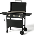 KingChii 28' 3-Burner Griddle with Integrated Protective Hood and Counter Height Side Shelves, Powder Coated Steel, Black