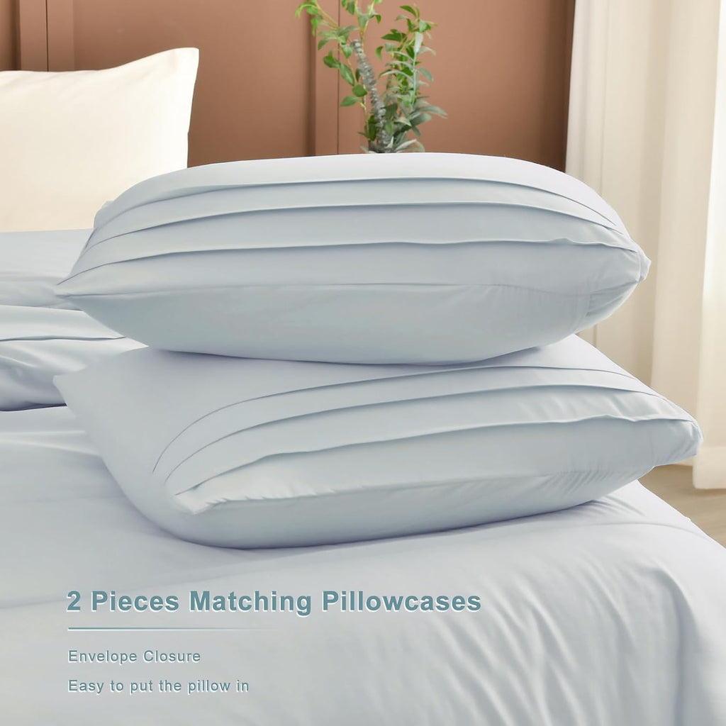 Masaca Oversized King Comforter 128x120,3 Pieces Pinch Pleated Light Blue Comforter Set Lightweight Modern Style Farmhouse Extra Large King Size Bedding for All Season