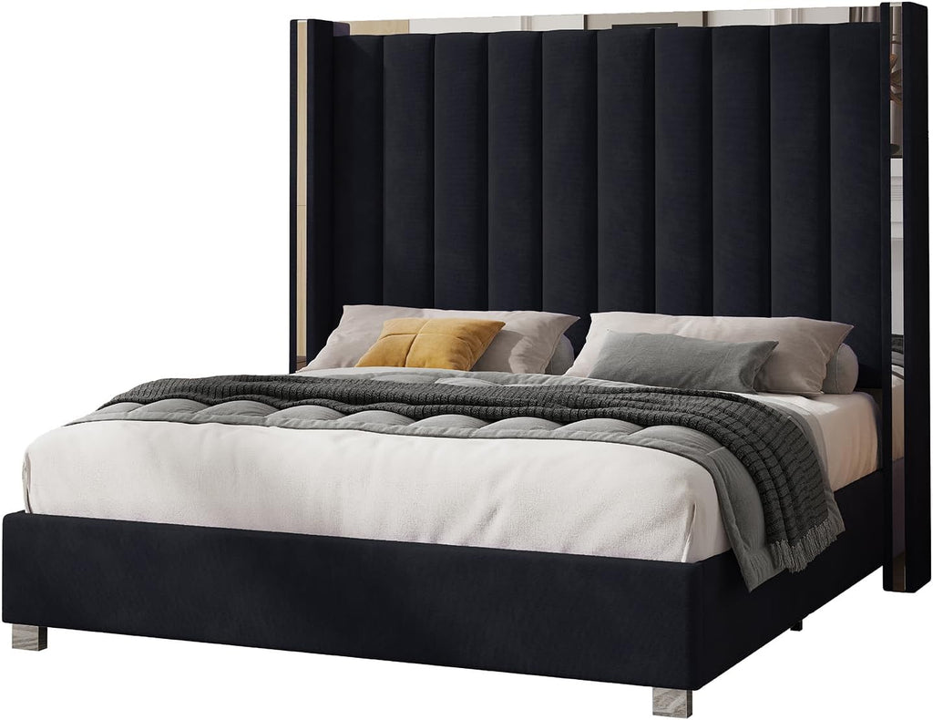 Jocisland King Size Bed Frame with 58' Tall Headboard, Velvet Upholstered Platform Bed with Channel Tufted Wingback Headboard and Plating Trim, No Box Spring Needed, Black
