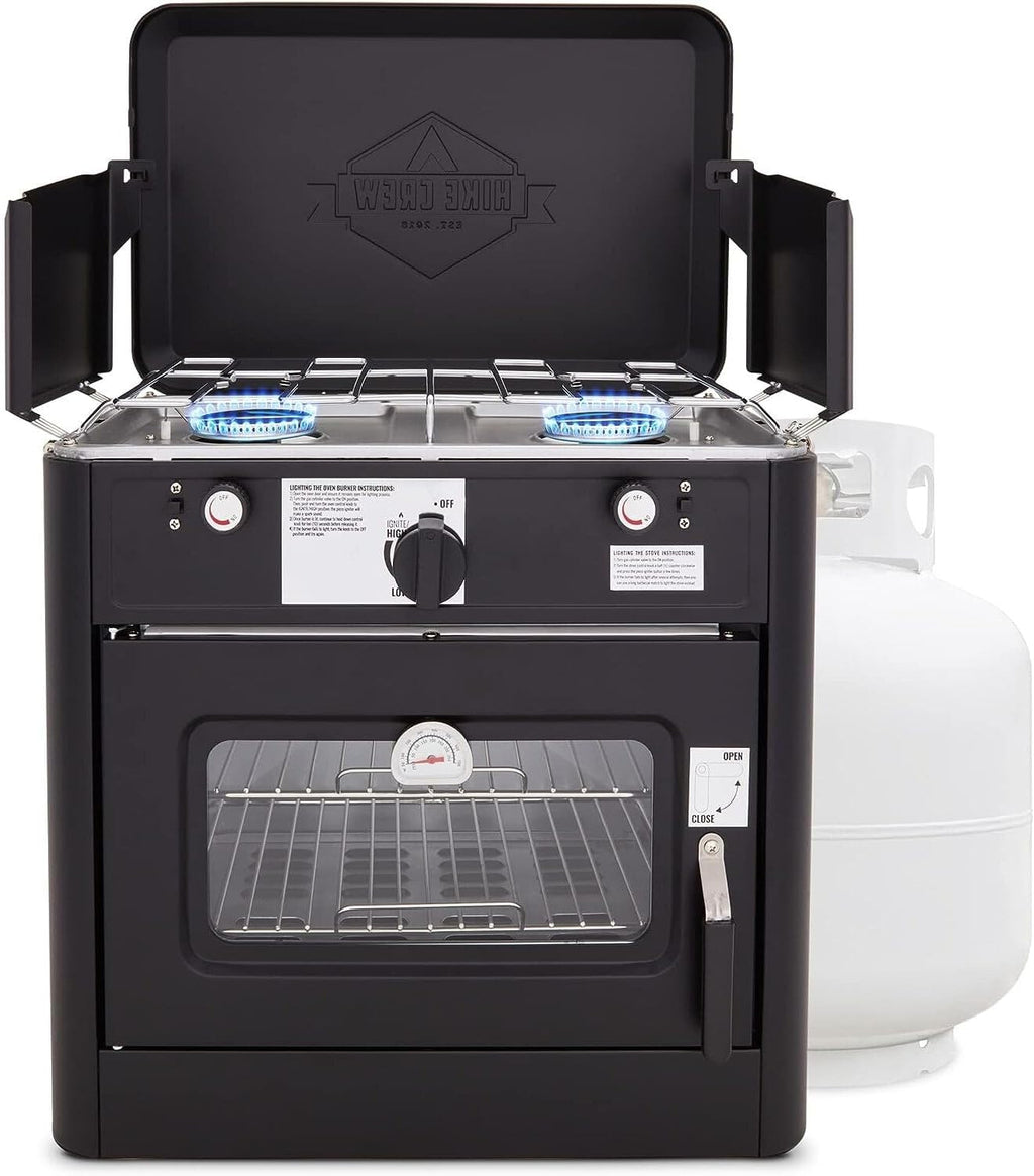Hike Crew Outdoor Gas Camping Oven w/Carry Bag | CSA Approved Portable Propane-Powered 2-Burner Stove & Auto Ignition, Overheat Safety Shutoff, Built-In Thermometer Hose Regulator Included