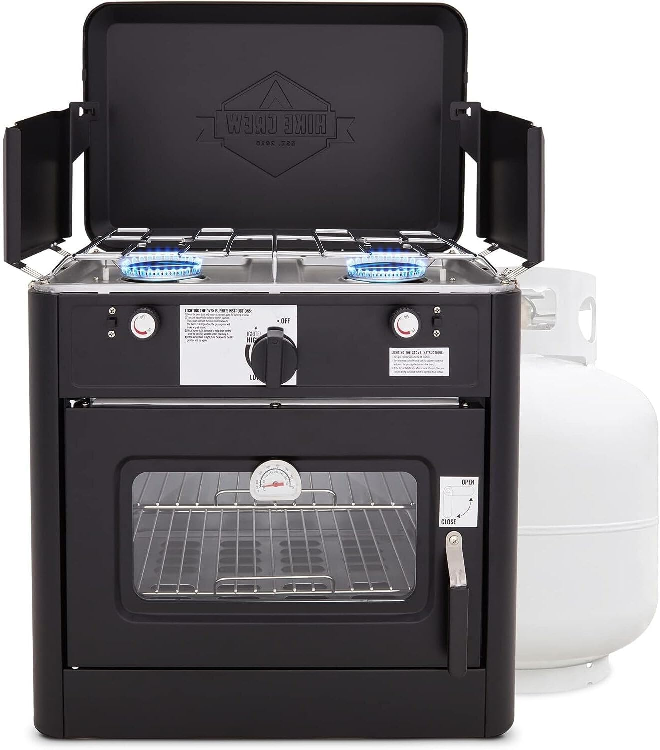 Hike Crew Outdoor Gas Camping Oven w/Carry Bag | CSA Approved Portable Propane-Powered 2-Burner Stove & Auto Ignition, Overheat Safety Shutoff, Built-In Thermometer Hose Regulator Included