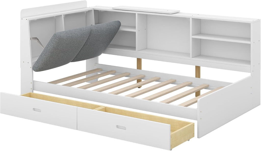 Harper & Bright Designs Twin Size Daybed with 2 Storage Drawers and Bookcase,Wood L Shaped Twin Platform Bed Frame with Shelves, Twin Sofa Bed Frame with Slats Support, No Box Spring Needed, White