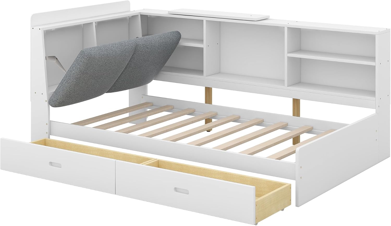 Harper & Bright Designs Twin Size Daybed with 2 Storage Drawers and Bookcase,Wood L Shaped Twin Platform Bed Frame with Shelves, Twin Sofa Bed Frame with Slats Support, No Box Spring Needed, White