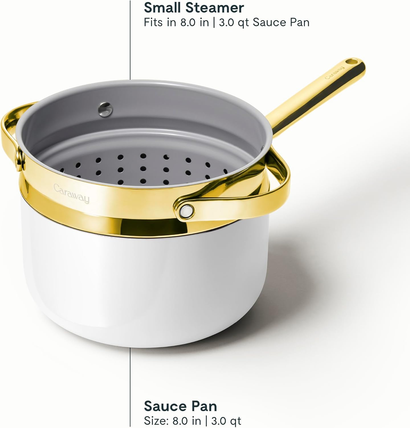 Caraway Nonstick 3 Qt Ceramic Sauce Pan with Lid & Steamer - Non Toxic, PTFE & PFOA Free - Oven Safe & Compatible with All Stovetops (Gas, Electric & Induction) - White