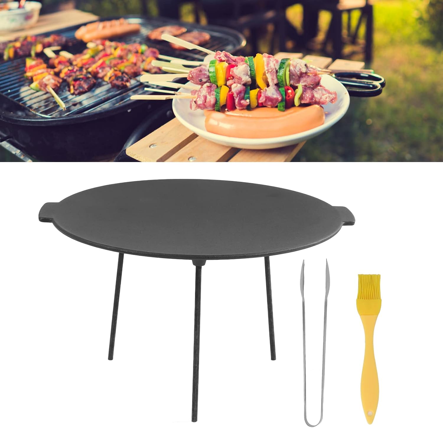 Smokeless Cast Iron Round BBQ Grill Pan, Heat Resistant BBQ Griddle for Indoor and Outdoor Cooking, NonStick Surface