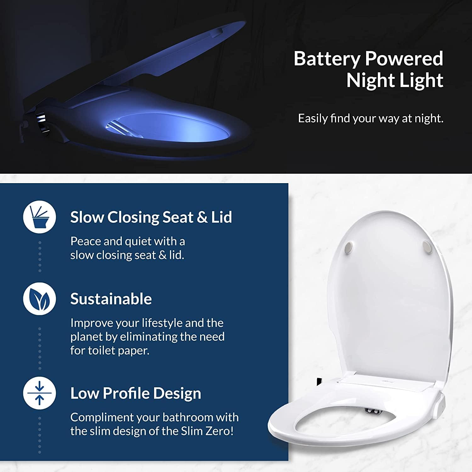 Bio Bidet Slim Zero Non Electric Bidet Toilet Seat Round, Low Profile Seat with Slow Close Lid, Battery Powered Night Light, Dual Nozzles, White