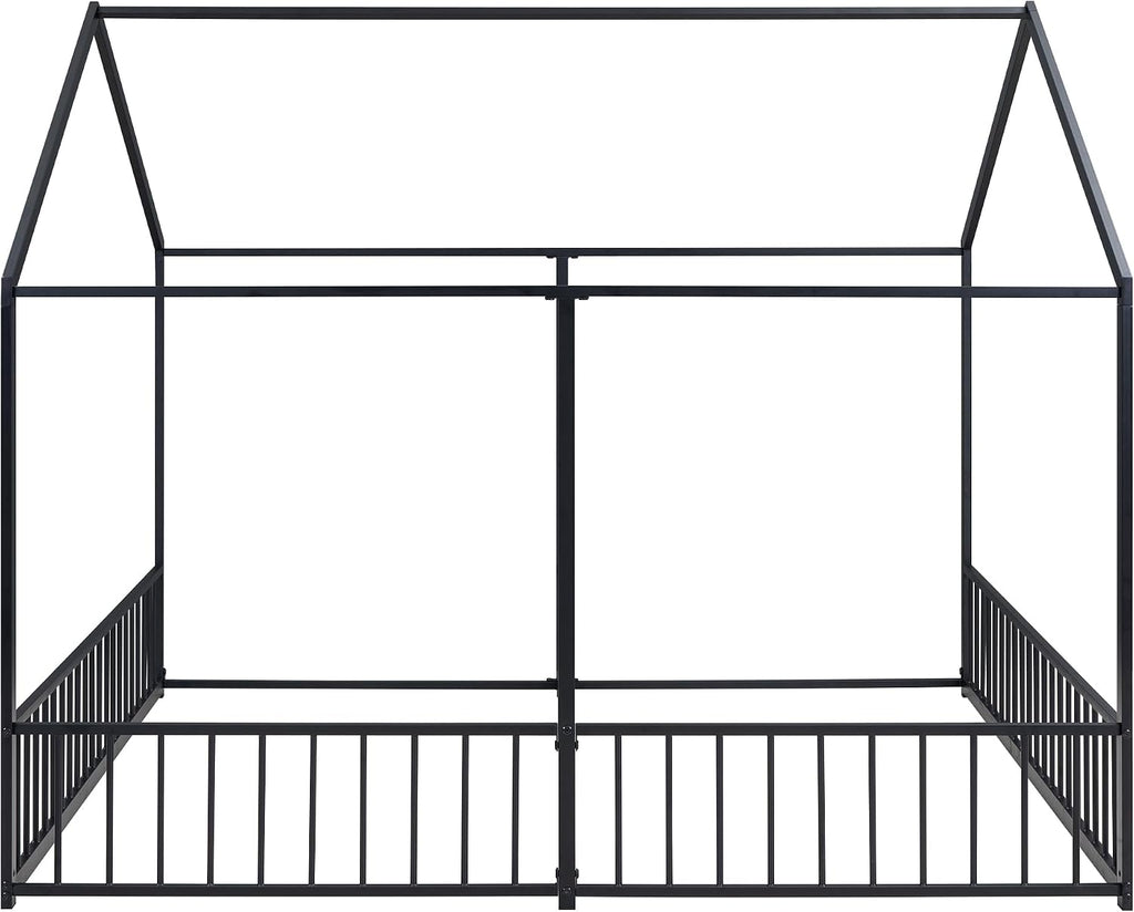 Double Floor Bed for Twins,Twin Size House Bed for 2 Kids,Two Shared Beds,Twin House Platform Beds,Metal Floor Bed Frame with Rails for Girls,Boys(Black)
