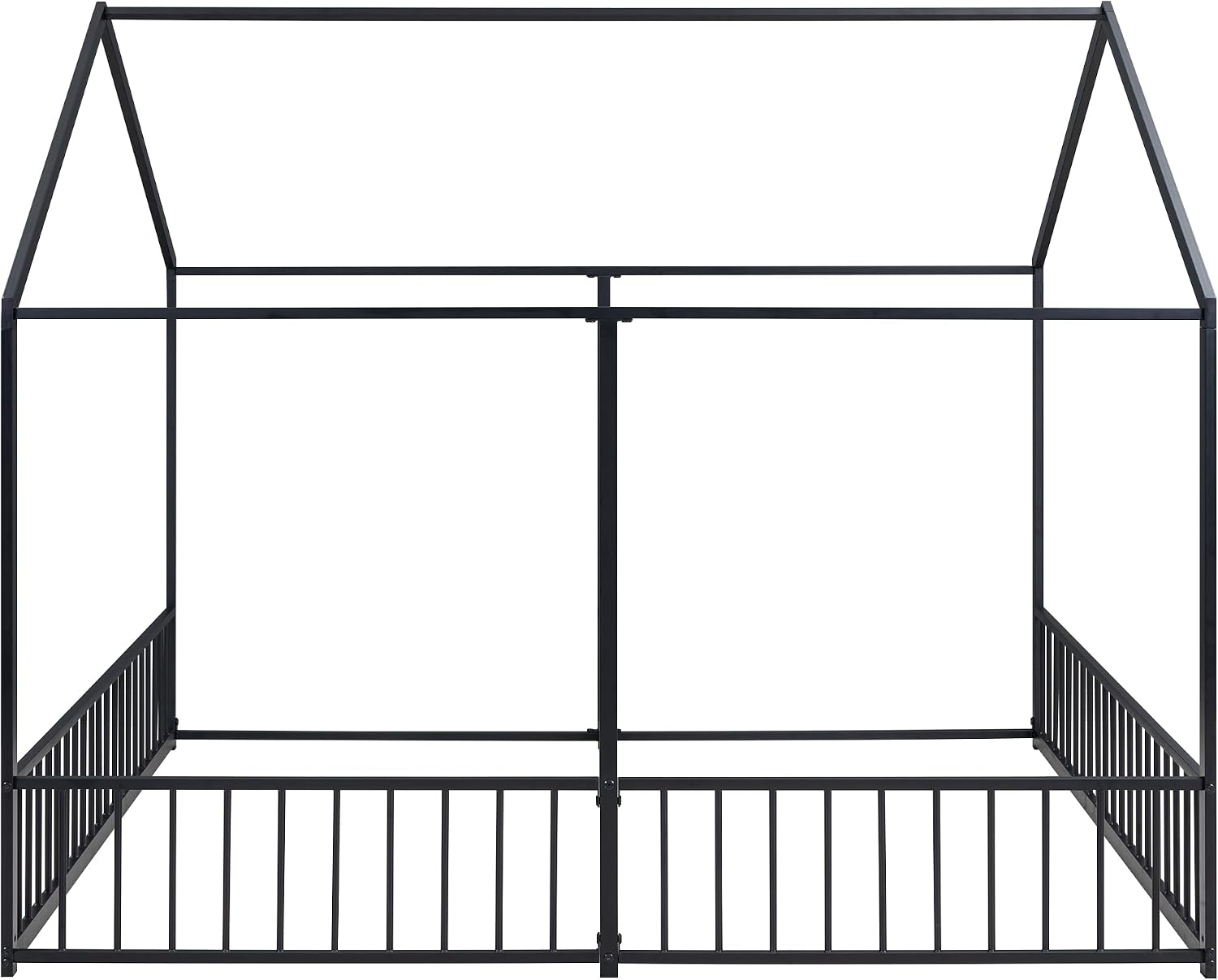 Double Floor Bed for Twins,Twin Size House Bed for 2 Kids,Two Shared Beds,Twin House Platform Beds,Metal Floor Bed Frame with Rails for Girls,Boys(Black)