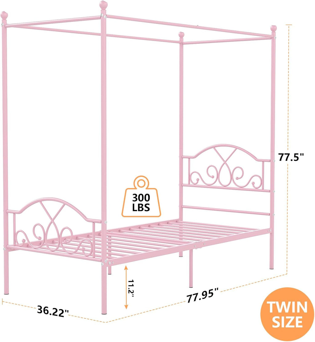 Weehom Princess Canopy Bed Frame with 4 Posters, Sturdy Metal Platform Mattress Foundation with Headboard&Footboard No Box Spring Needed Twin Size Bed for Kids Girls Adults Pink