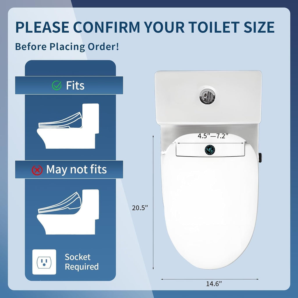 Smart Electric Bidet Toilet Seat Elongated, Dual Control Panel & Remote with LED Display, Instant Warm Water, Heated Seat, Warm Air Dryer, Night Light, Soft-Close Lid