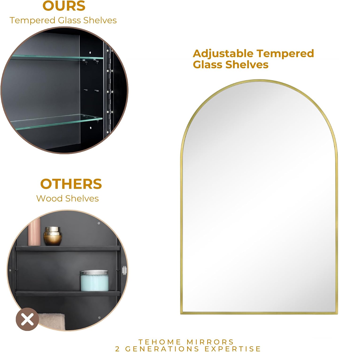 TEHOME 20 x 30'' Brush Gold Arched Bathroom Medicine Cabinet with Mirror Recessed and Surface Mount Medicine Cabinet Mirror