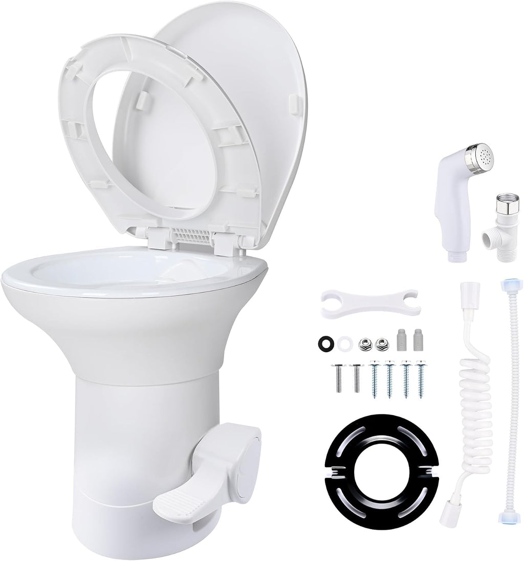 Yescom RV Toilet with Bidet Spray Porcelain Enamel Elongated Gravity Flush Foot Pedal Toilet for Motorhome Caravan Travel Tailer 20' Seating Height Portable Restroom Toilet Fits for Marine