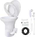 Yescom RV Toilet with Bidet Spray Porcelain Enamel Elongated Gravity Flush Foot Pedal Toilet for Motorhome Caravan Travel Tailer 20' Seating Height Portable Restroom Toilet Fits for Marine