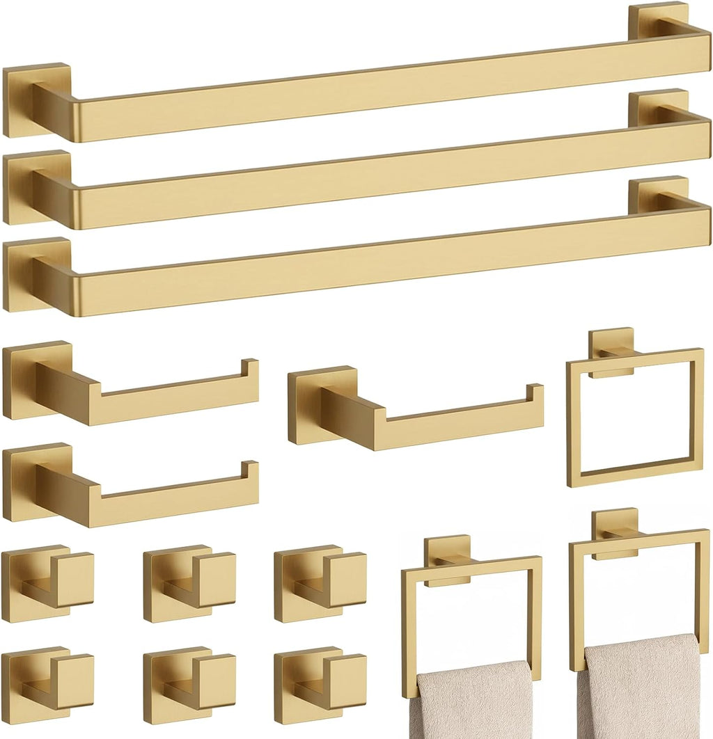15-Piece Brushed Gold Bathroom Accessories Set – 23.6' Towel Bar, Towel Ring, Toilet Paper Holder & Hooks, Wall Mounted Bathroom Hardware, Rust & Corrosion-Resistant, Ideal for Modern Bathrooms