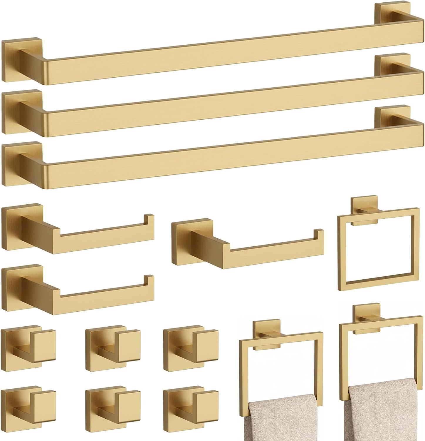 15-Piece Brushed Gold Bathroom Accessories Set – 23.6' Towel Bar, Towel Ring, Toilet Paper Holder & Hooks, Wall Mounted Bathroom Hardware, Rust & Corrosion-Resistant, Ideal for Modern Bathrooms