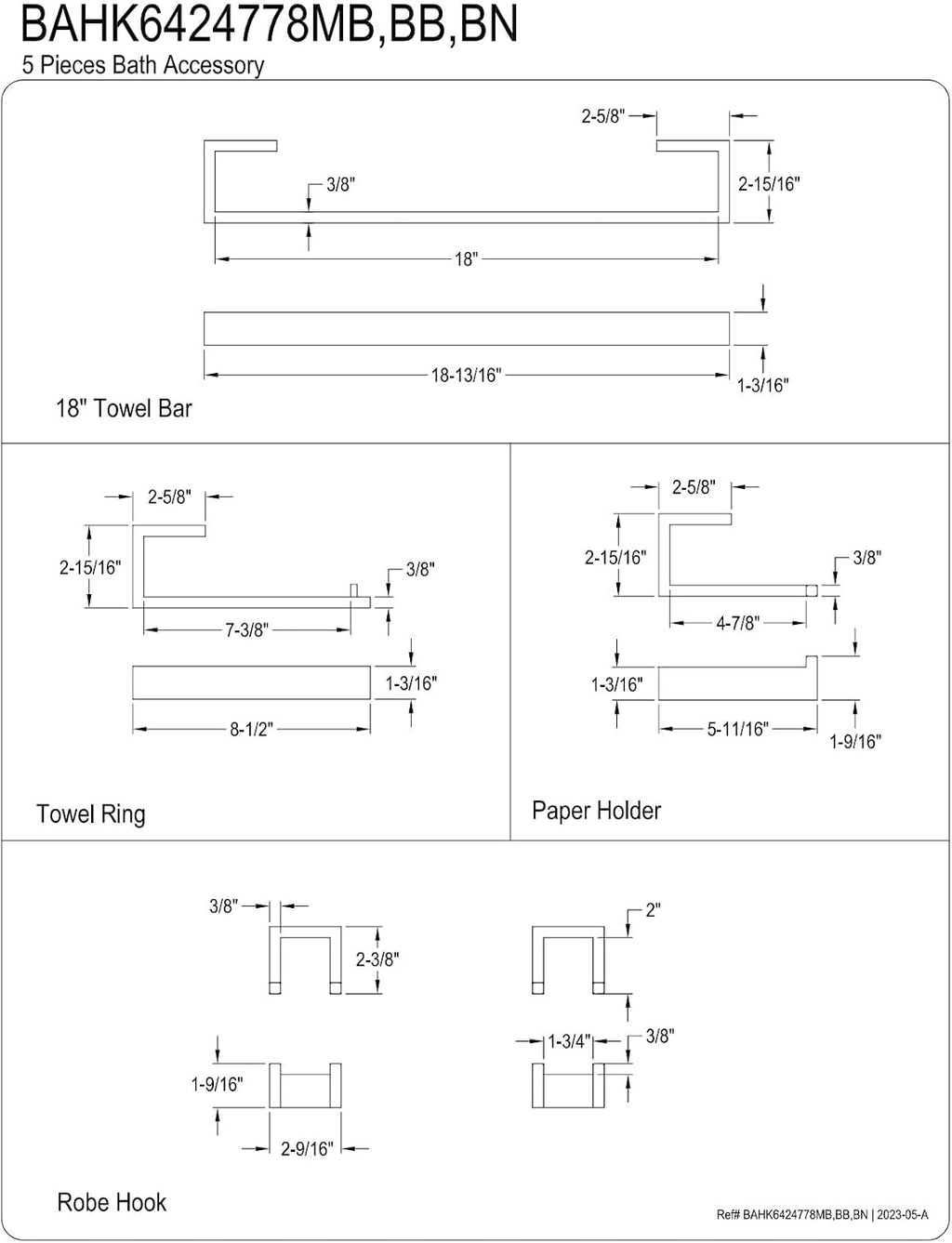 Kingston Brass BAHK6424778BB Lasdun 5-Piece 18-Inch Towel Bar Bathroom Accessory Set in Brushed Brass