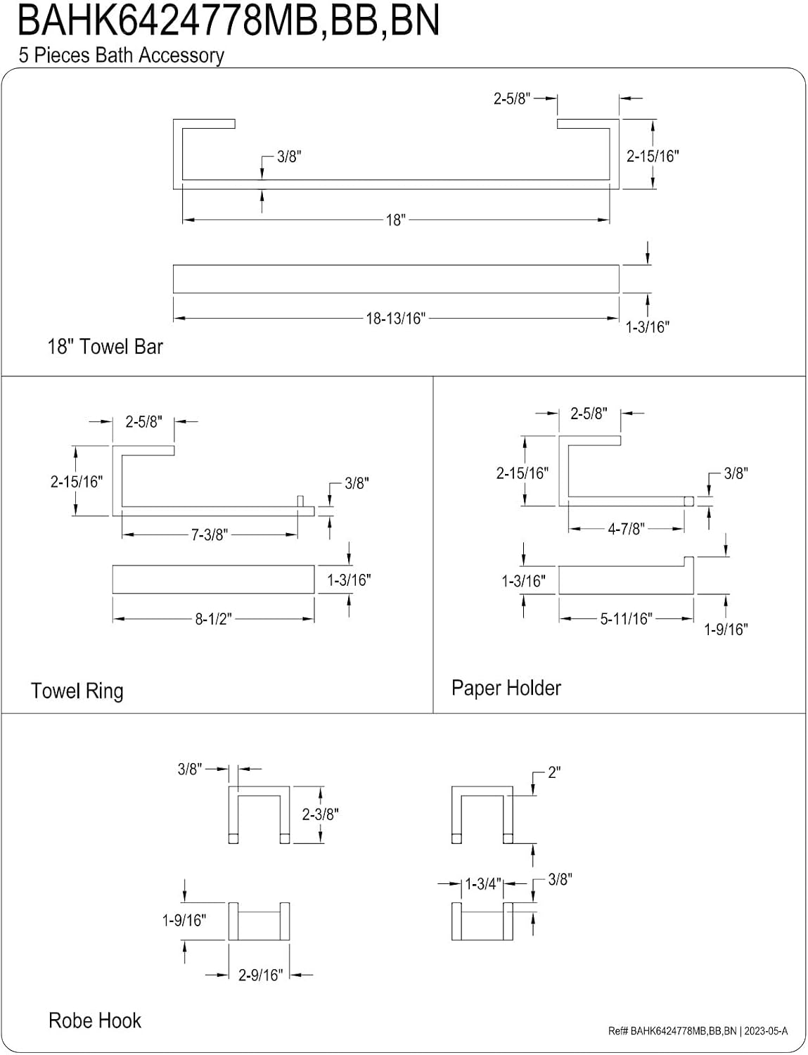 Kingston Brass BAHK6424778BN Lasdun 5-Piece 18-Inch Towel Bar Bathroom Accessory Set in Brushed Nickel