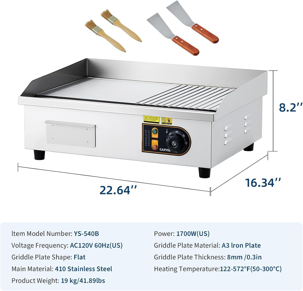Garvee Commercial Half-Flat Top Griddle, 22in Stainless Steel Griddle Grill with 2 Shovels and 2 Brushes for Home or Restaurant, 1700W Commercial Griddle