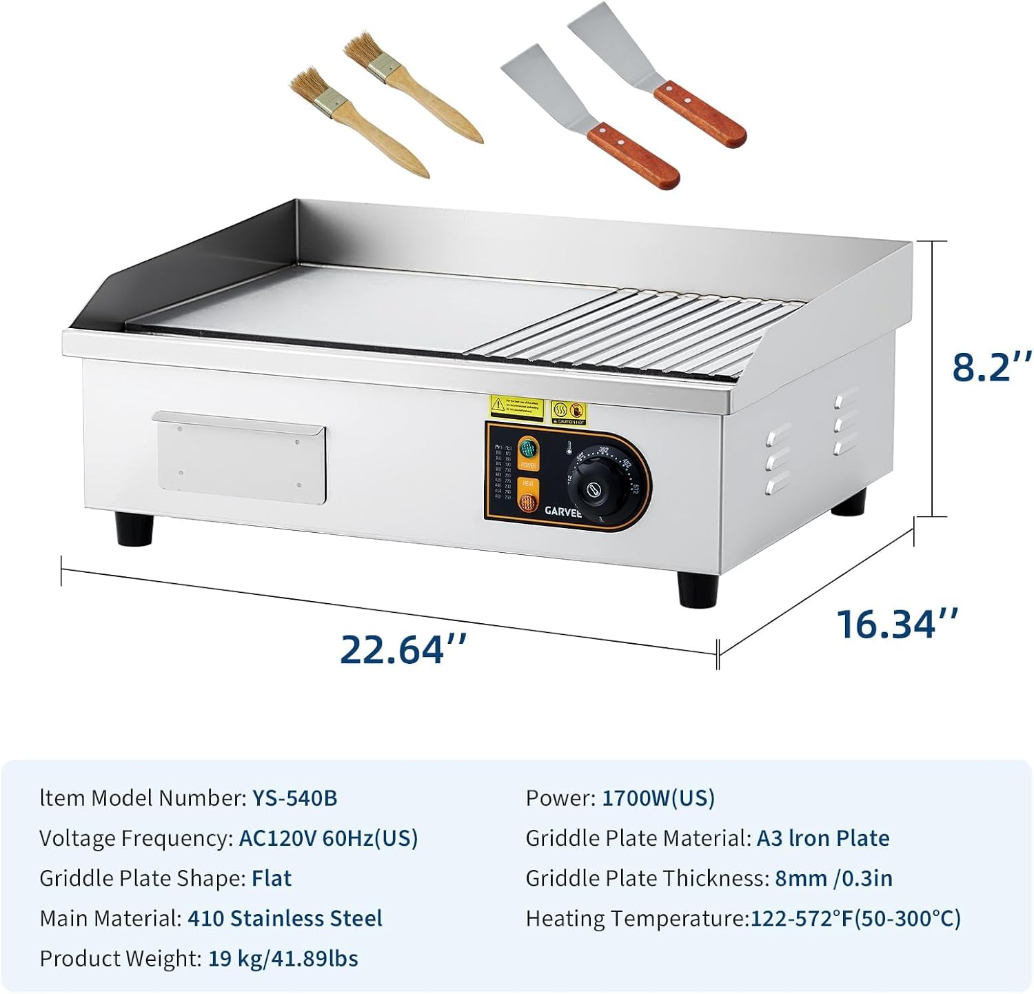 Garvee Commercial Half-Flat Top Griddle, 22in Stainless Steel Griddle Grill with 2 Shovels and 2 Brushes for Home or Restaurant, 1700W Commercial Griddle