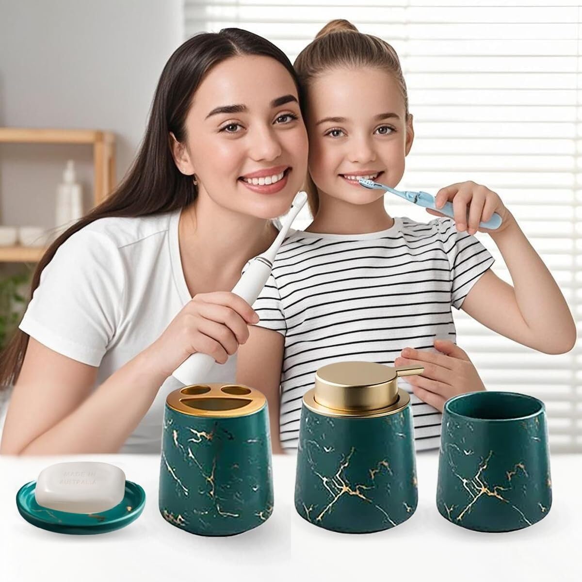 Bathroom Accessories Set Ceramic Bathroom Accessory Set Plant Patterns Accessories with Soap Dispenser Dish Tumbler for Home Decor Victorian(4 Piece Set-Green)