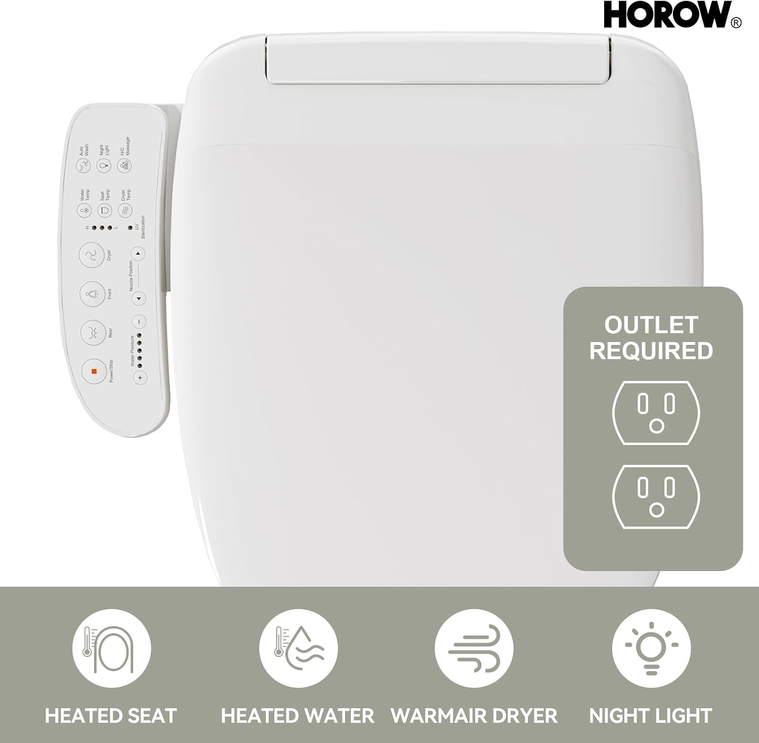 HOROW B0403 Elongated Bidet Toilet Seat, Soft Closing Adjustable Heated Seat fits for T0338W Toilet, Electronic Smart Seat with Warm Air Dryer and LED Night Light, White Side Arm Control