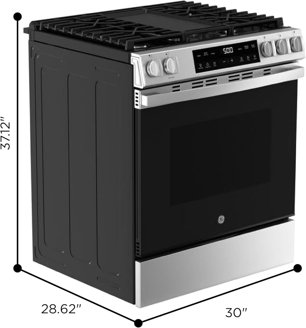 GE 30' Slide-In Front-Control Gas Range, 5.3 Cu. Ft. Oven, 5 Sealed Burners, Crisp Mode & Steam Clean, Stainless Steel – GGS500SVSS