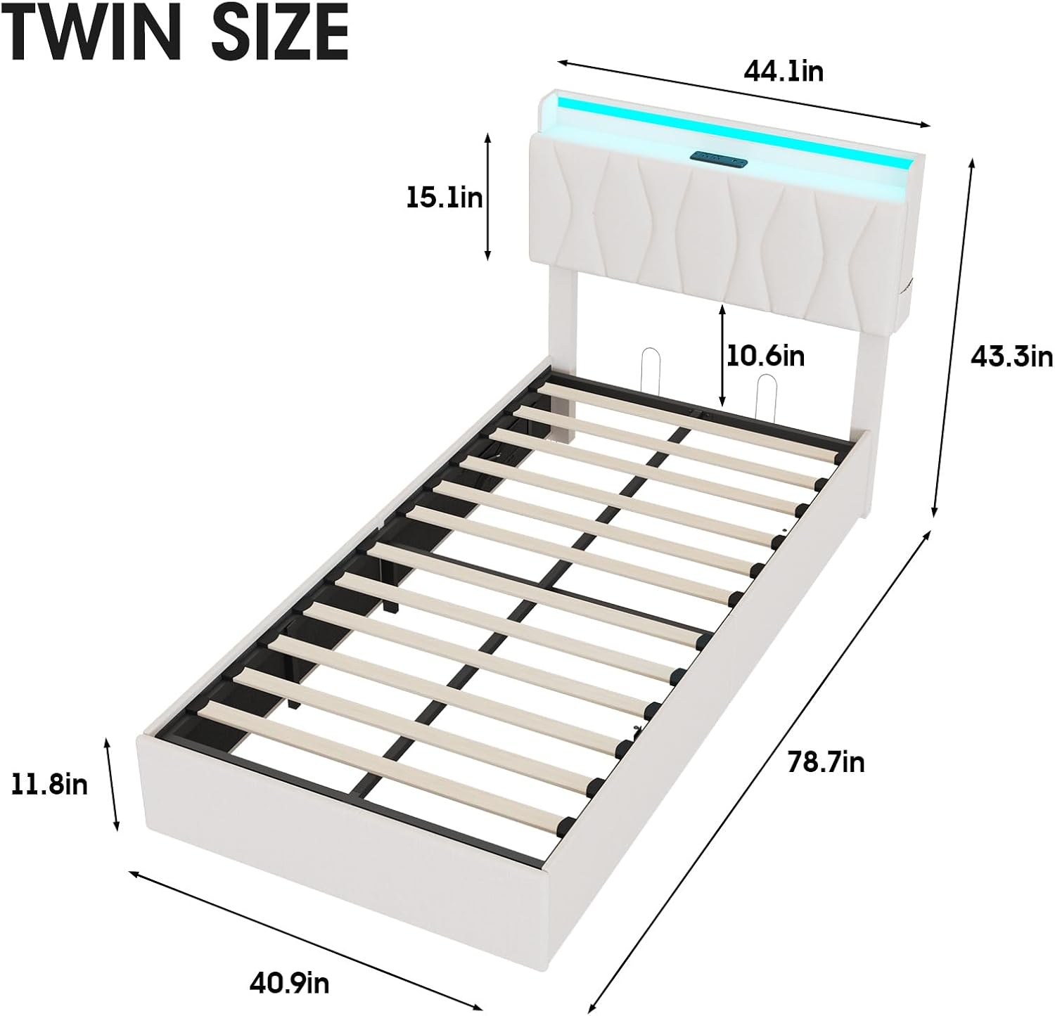 Fameill Twin Size Lift Up Storage Bed Frame with Adjustable Headboard, Charging Station, LED Lights, Wood Slats, Noise-Free, No Box Spring Needed, Beige