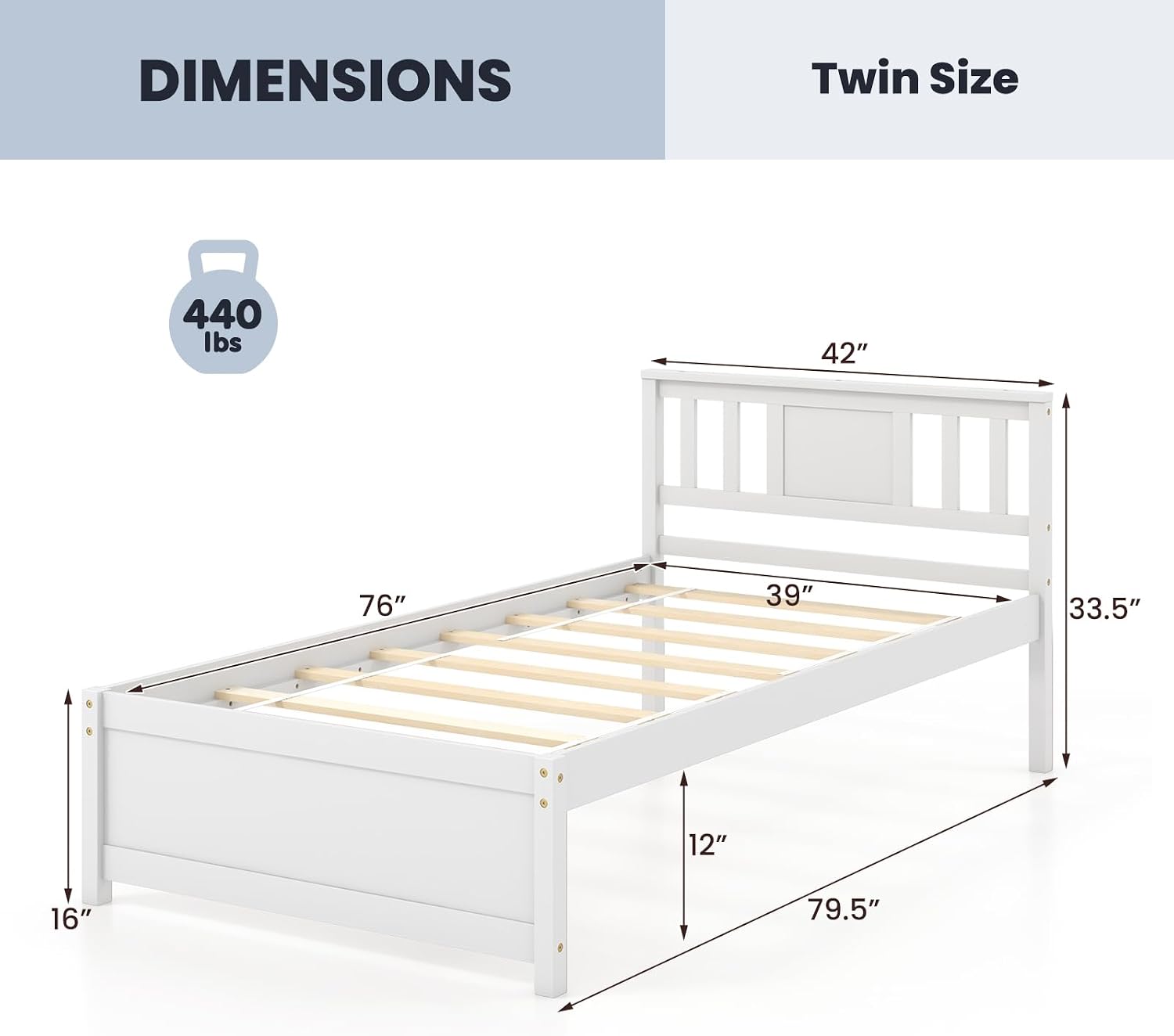 Giantex Wood Twin Bed Frames with Headboard, Mid Century Solid Wood Platform Bed with Wood Slat Support, Single Panel Bed, No Box Spring Needed, Twin Bed Frames for Kids, White