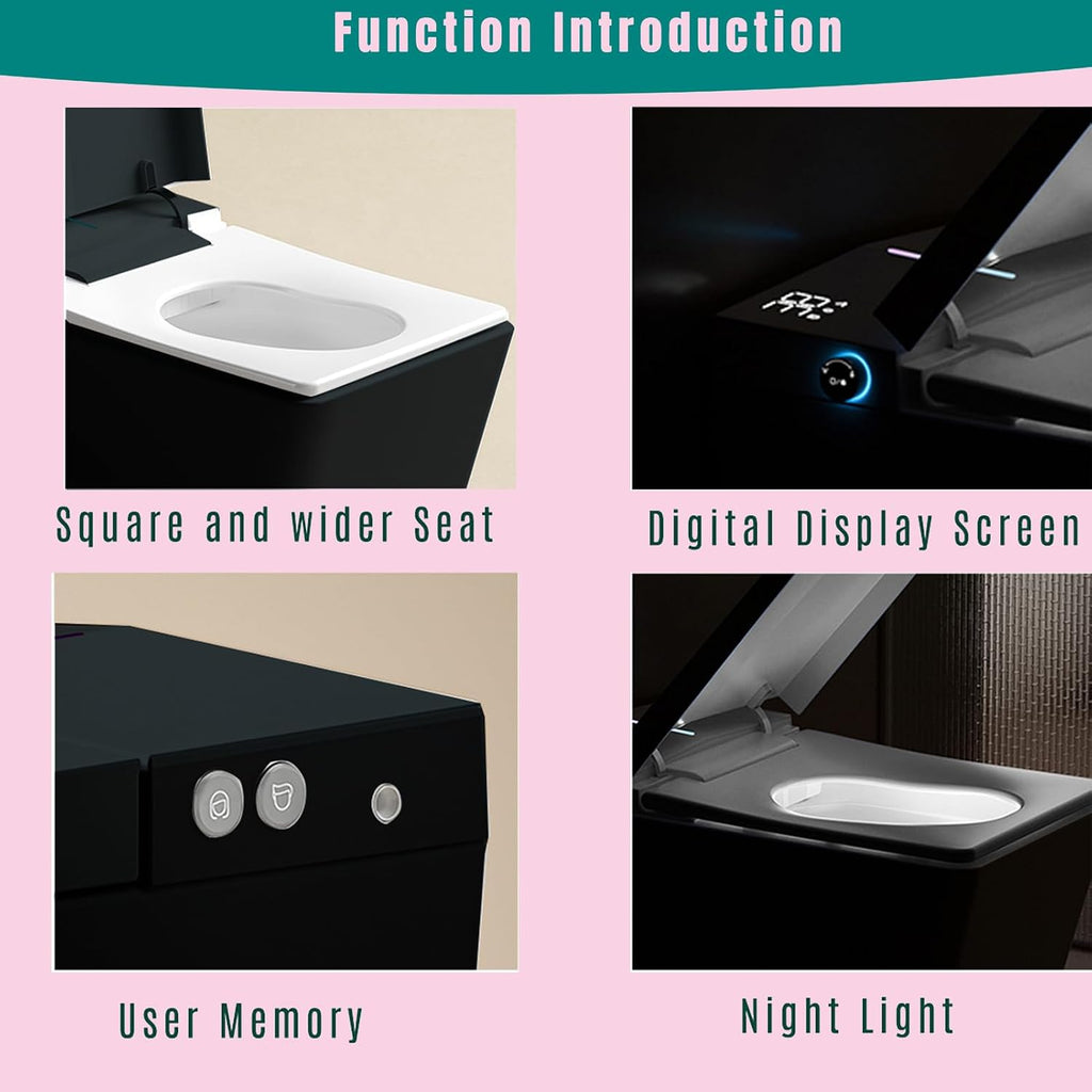 Square Smart Bidet Toilet with Built-In Tank for Bathroom, Remote Control, Foot Touching Lid Opening, Auto Flush, Heated Seat, LED Digital Display, User Memory, Matte Black