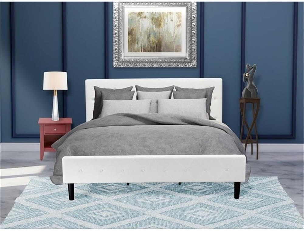 East West Furniture NL19K-1GA13 2 Piece King Size Bedroom Set - Button Tufted Wooden Bed Frame - Linen white Velvet Fabric Upholstered Headboard and a Burgundy Finish Nightstand