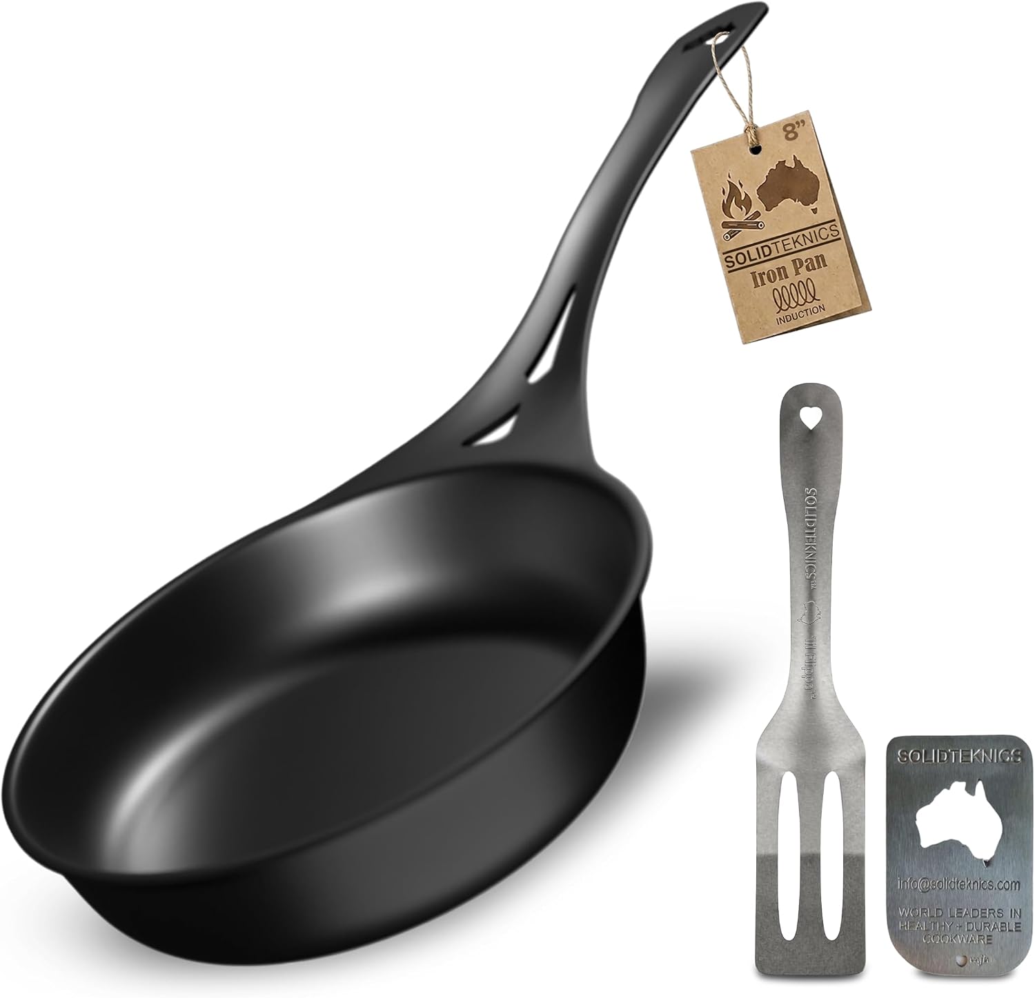 SOLIDTEKNICS 8' Outdoor Skillet Set – Naturally Seasoned Australian Iron Skillet with Lil Flippa Stainless Flipper & Mini Pan Scraper Lightweight Camping Cookware for Grill & Campfire Cooking