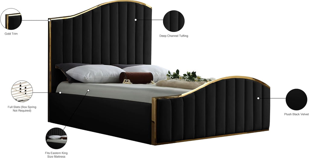 Meridian Furniture Jolie Collection Modern | Contemporary Velvet Upholstered Bed With Channel Tufting, And Polished Gold Metal Frame, Black, King