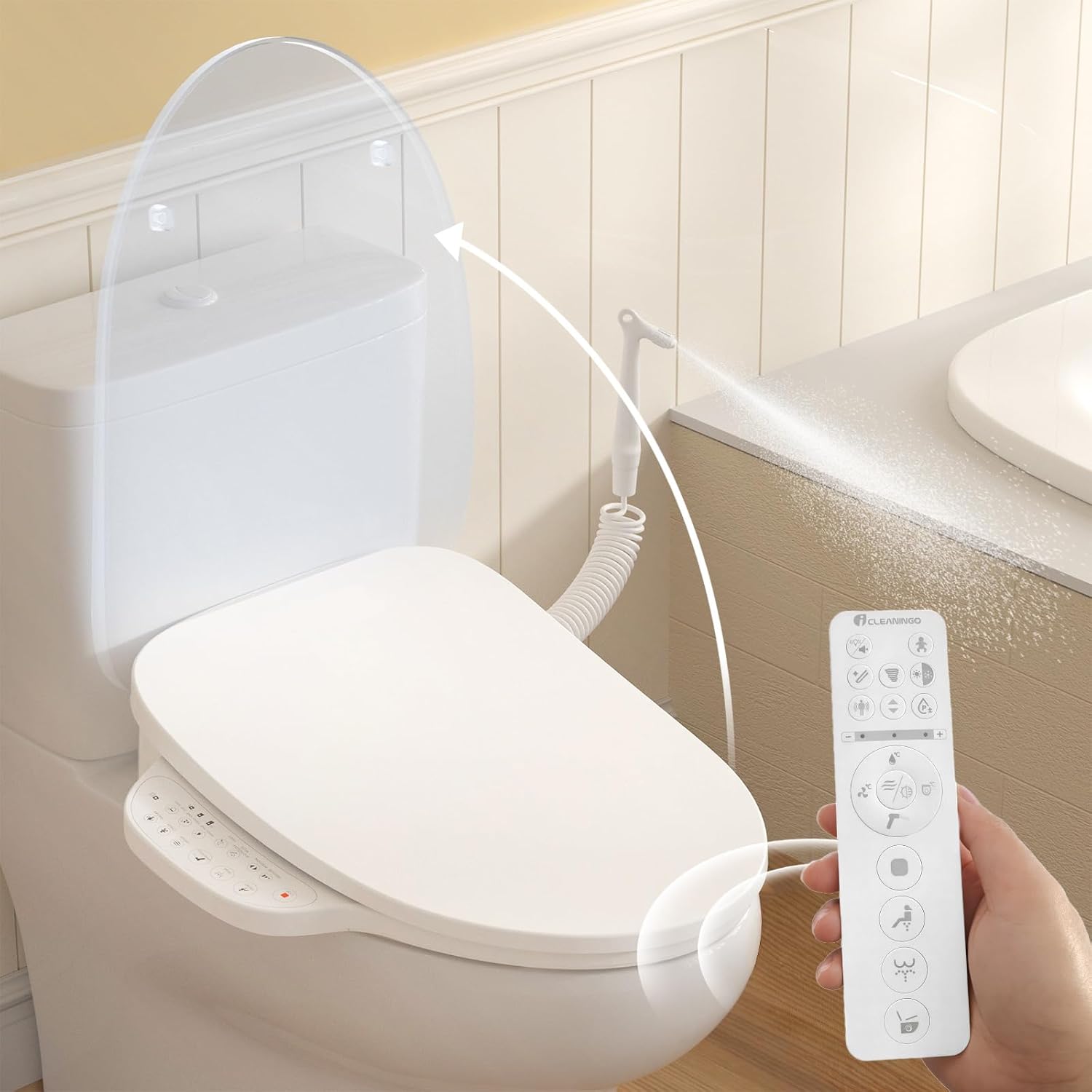DC01 Pro iCleaningo Electric Bidet Toilet Seat, Side Panel Control, Instant Heating, Warm Water Wash, Heated Seat, Warm Air Dry, Auto Open & Close Lid, 360° Handheld Sprayer, Elongated, Remote
