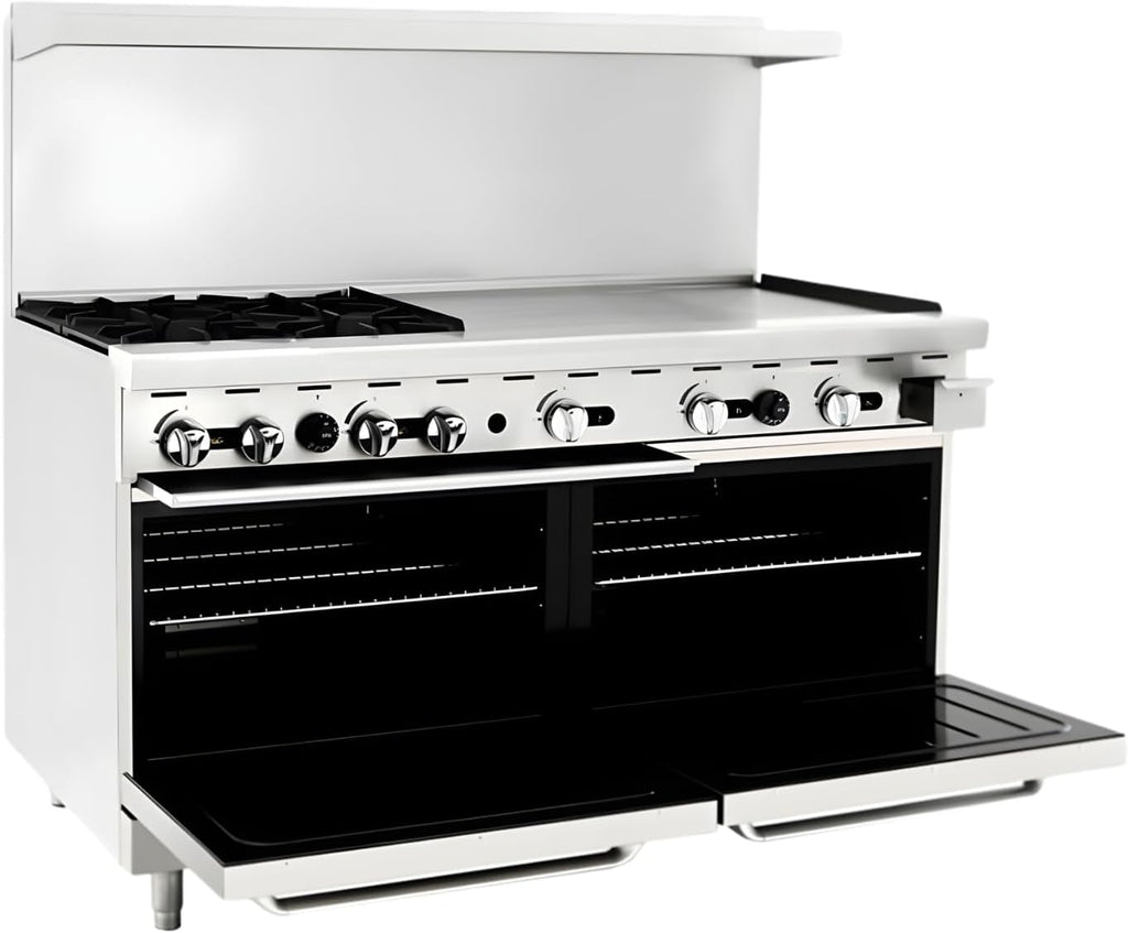 CookRite Commercial Natural Gas Range 4 Burner Hotplates With 36' Manual Griddle 2 Standard Ovens 60'' Restaurant Range - 229,000 BTU
