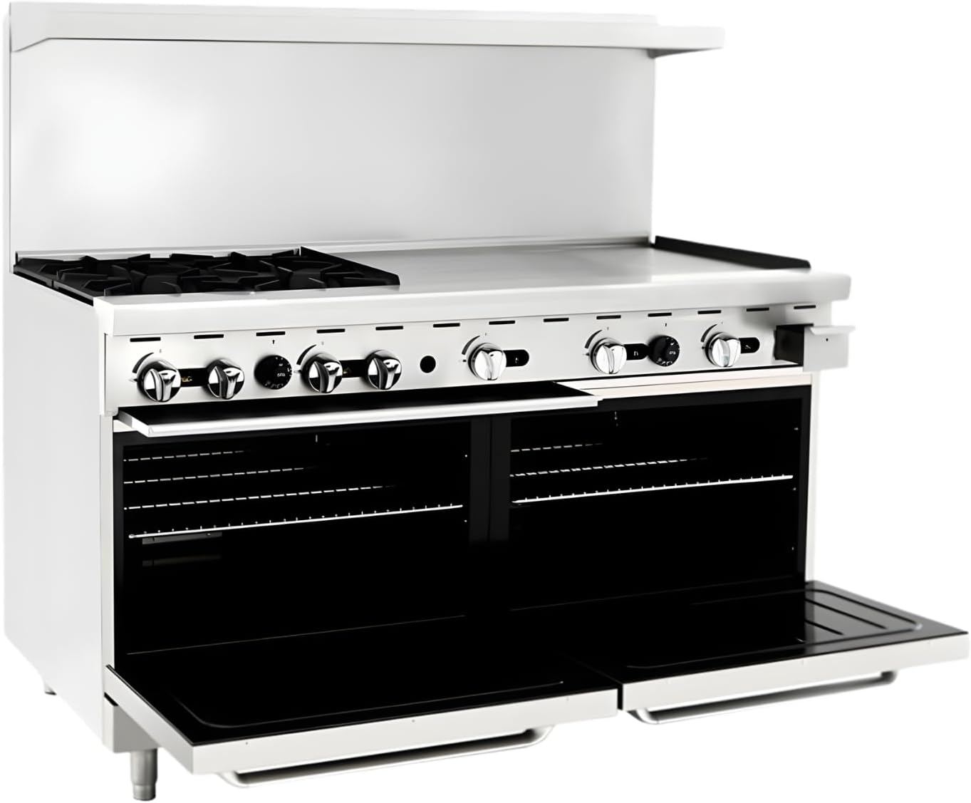 CookRite Commercial Natural Gas Range 4 Burner Hotplates With 36' Manual Griddle 2 Standard Ovens 60'' Restaurant Range - 229,000 BTU