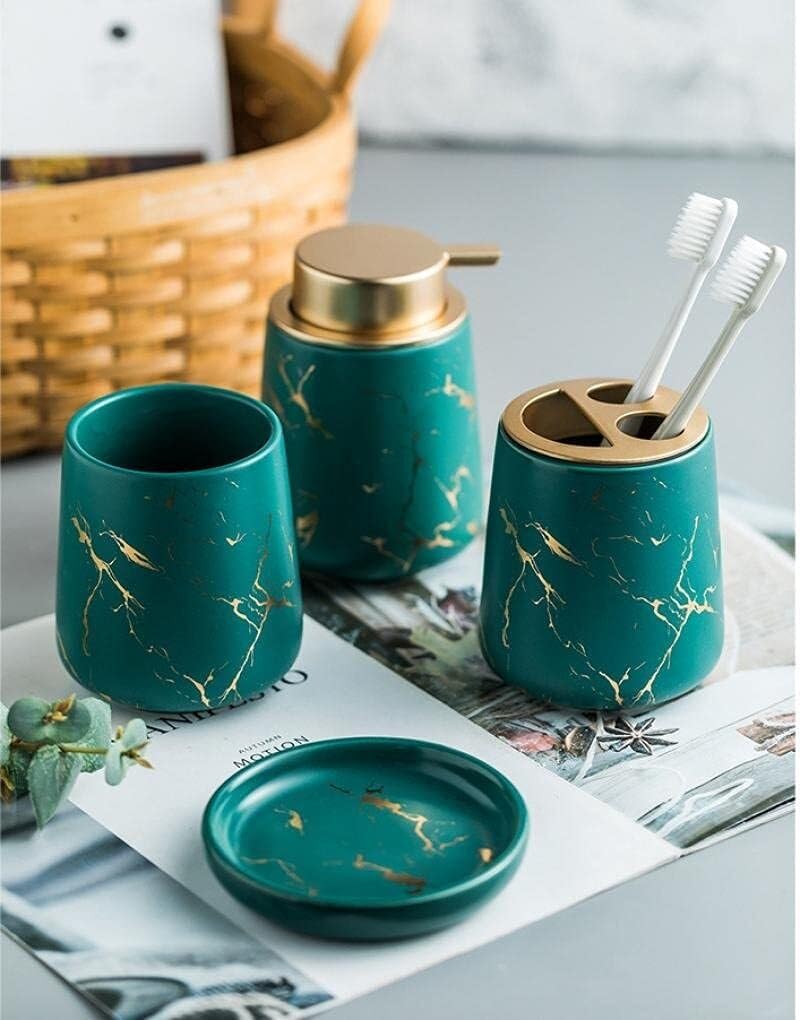 Bathroom Accessories Set Ceramic Bathroom Accessory Set Plant Patterns Accessories with Soap Dispenser Dish Tumbler for Home Decor Victorian(4 Piece Set-Green)