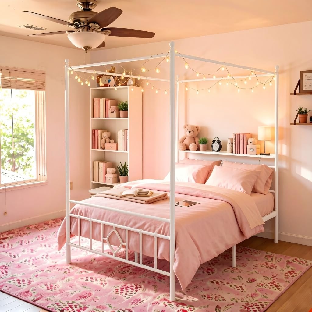 Homkdom Canopy Bed Frame with Storage Headboard, Full Size Bed Frame with 4 Removable Posts, Sturdy Metal Platform with Under-Bed Storage, Dual Purpose Bed Frame, No Box Spring Needed, White