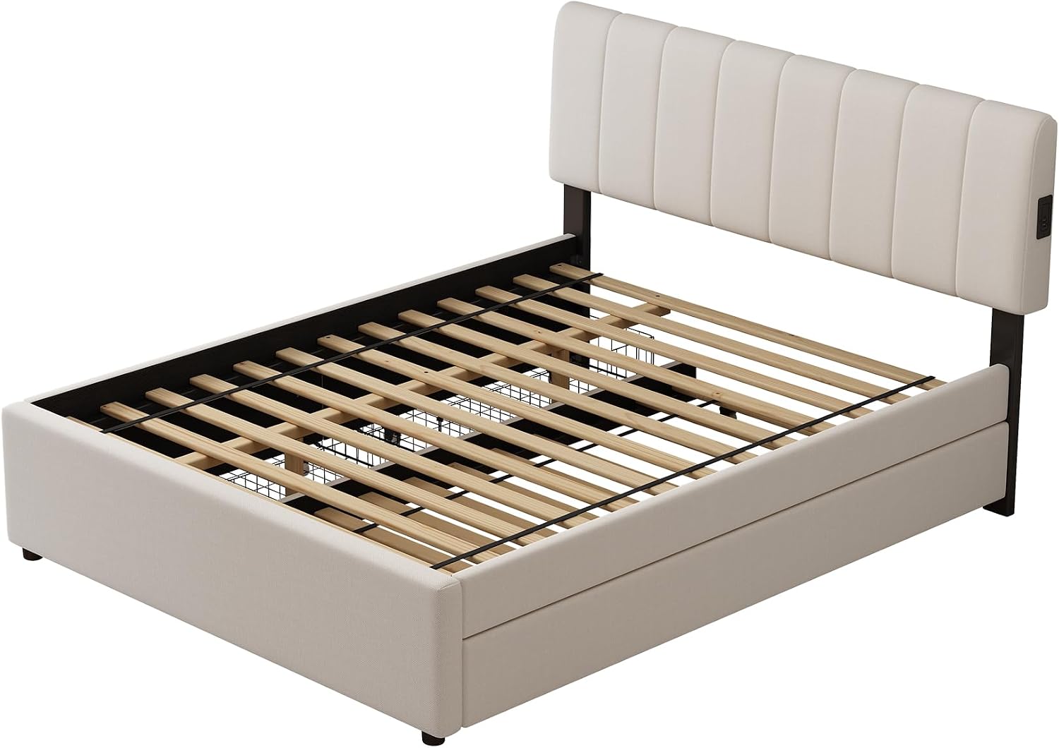 Full Size Upholstered Platform Bed with Trundle,2 Storage Drawers & USB/Type-C Charging,Chenille Fabric Bed Frame with APP-Controlled LED Lights,No Box Spring Needed,800LBS Capacity for Bedroom,Beige
