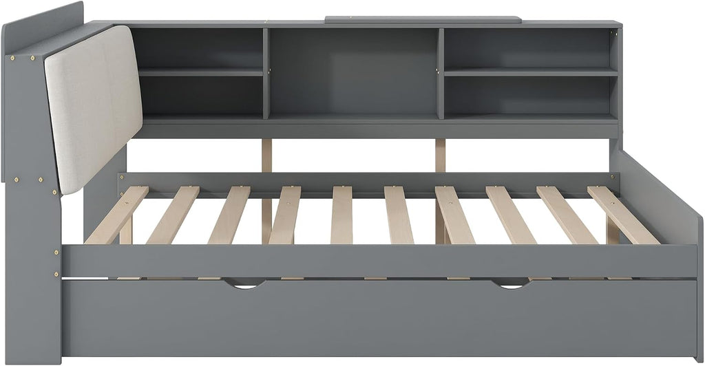 Corner Bed Frame with Storage Upholstered Headboard,Bookcase and Trundle,Full Size Floor Platform Bed with Rotatable Storage Board and Slat Support,Grounded L Shape Sofa Bed for Dorm or Guests,Gray