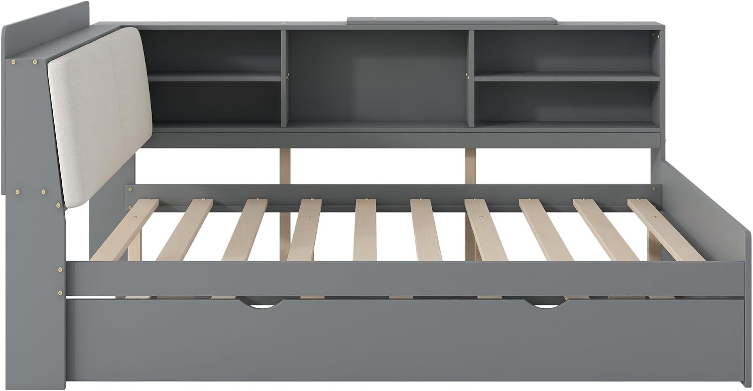 Corner Bed Frame with Storage Upholstered Headboard,Bookcase and Trundle,Full Size Floor Platform Bed with Rotatable Storage Board and Slat Support,Grounded L Shape Sofa Bed for Dorm or Guests,Gray